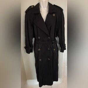 Jones New York Trench Coat M 8 10 Vintage 80s Long Black Double Breasted Spring